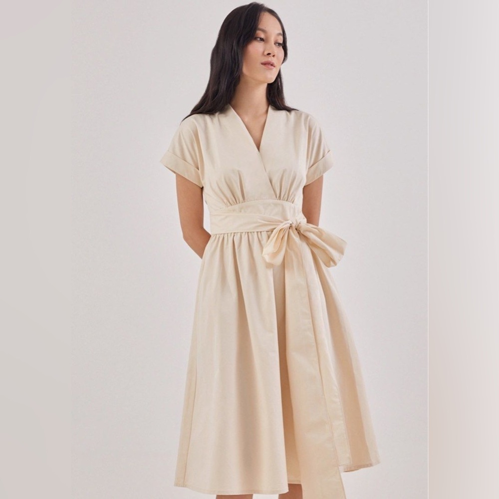 Love Bonito Arina Sash Wrap Midi Cream Dress Size 2